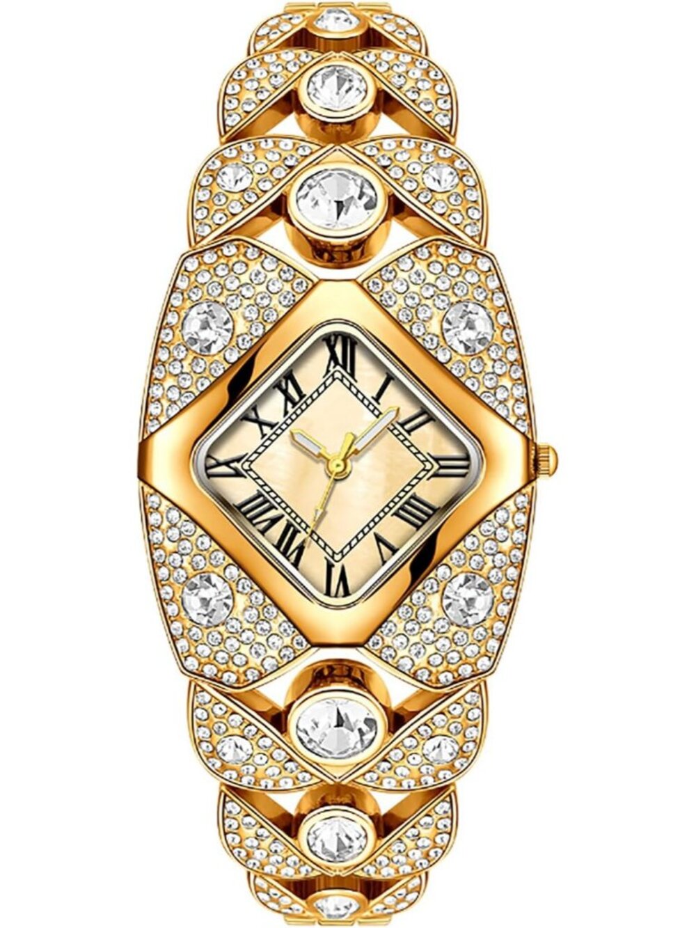 Women's Gold Rhombic Square Rhinestone Bracelet Roman Numerals Dial Wrist Watch